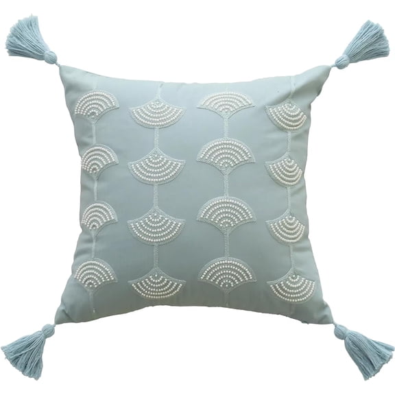 Fennco Styles Hand Beaded Embroidery Ginkgo Leaf Throw Pillow with Tassel 18" W x 18" L - Blue Leaves Cotton Cushion for Home, Couch, Living Room, Bedroom and Office Décor