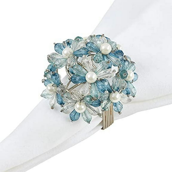 Fennco Styles Hand Beaded Floral Design Decorative Napkin Rings, Set of 4 - Aqua Glass Beads Napkin Holders for Home, Dining Room, Banquet, Family Gathering, Holiday and Special Occasion
