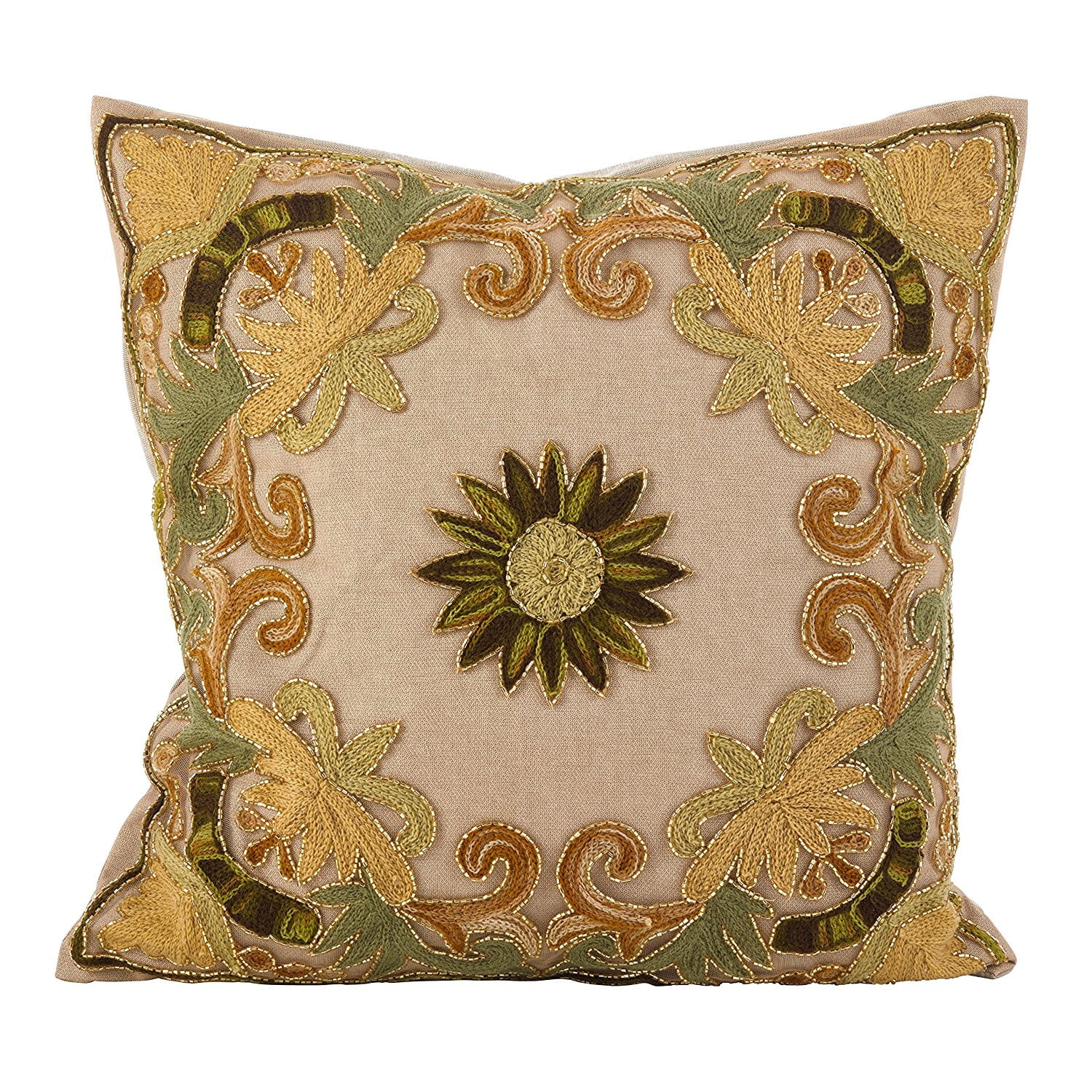 Green Embroidered Cotton Floral Square Throw Pillow