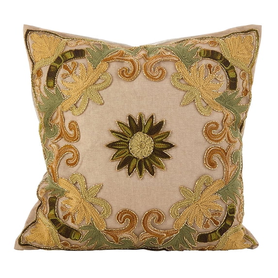 Fennco Styles Hand Beaded Floral Embroidery Cotton Filled Decorative Throw Pillow, 18"Wx18"L (Green)