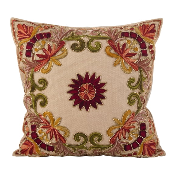 Fennco Styles Hand Beaded Floral Embroidery Cotton Filled Decorative Throw Pillow, 18"Wx18"L (Multi)