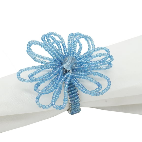 Fennco Styles Hand Beaded Flower Design Napkin Ring-Set of 4 (Turquoise)