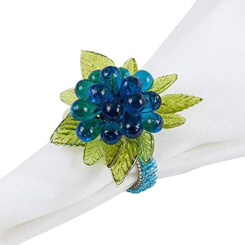 Fennco Styles Hand Beaded Flower & Leaves Decorative Napkin Rings, Set of 4 - Blue Glass Beads Napkin Holders for Home, Dining Room, Banquet, Family Gathering, Holiday and Special Occasion