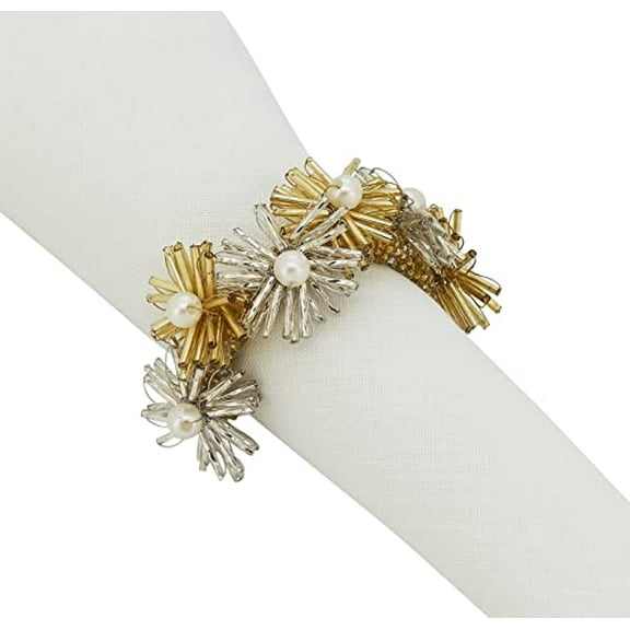 Fennco Styles Hand Beaded Flower Metal Decorative Napkin Rings, Set of 4 - Gold Glass Beads Napkin Holders for Christmas, Home, Dining Room, Banquet, Family Gathering, Holiday and Special Occasion