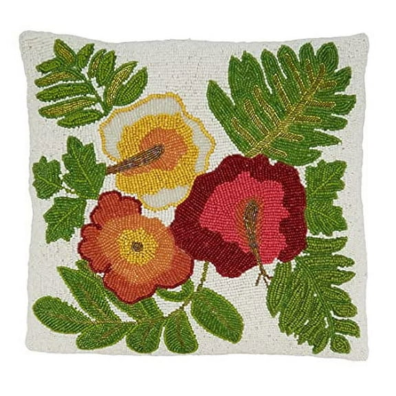 Fennco Styles Hand Beaded Garden Flowers Cotton Throw Pillow Cover 16" W x 16" L - Multicolored Floral Cushion Case for Home, Couch, Living Room, Seasonal Décor, Special Occasion