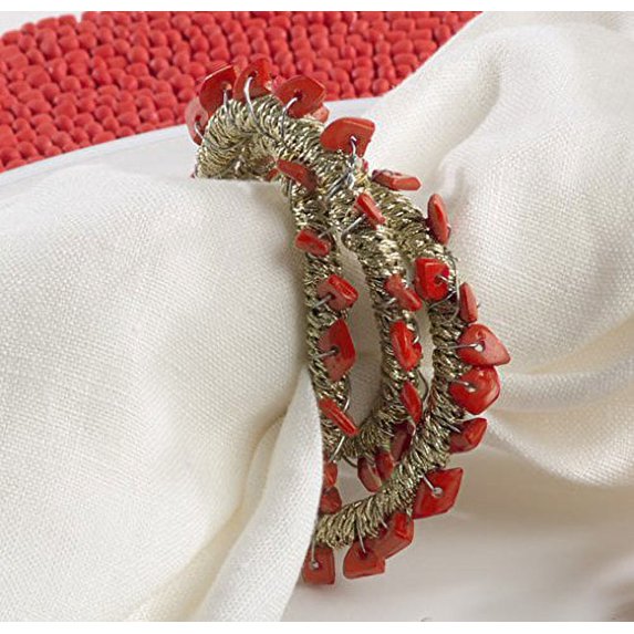 Fennco Styles Hand Beaded Napkin Ring, Set of 4, 3 Colors (Coral)