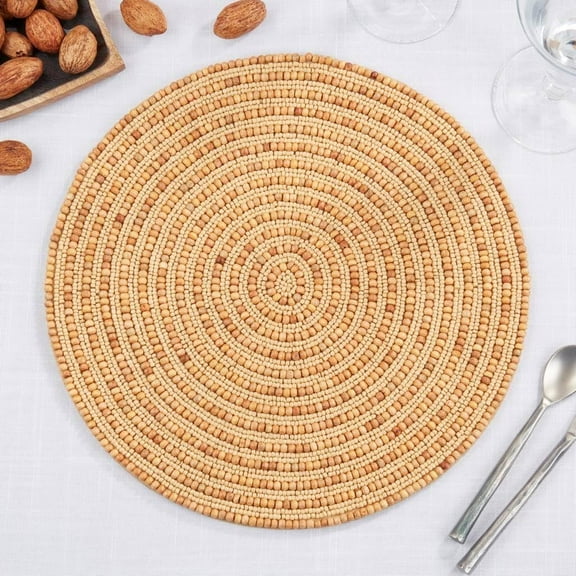 Fennco Styles Hand Beaded Spiral Swirl Design Placemat 14" Round, 1-Piece - Natural Wood Beads and Jute Table Mat for Home Décor, Family Gathering, Banquets, Everyday Use and Special Occasion