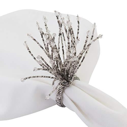 Fennco Styles Hand Beaded Spray Design Decorative Napkin Rings, Set of 4 - Silver Glass Beads Napkin Holders for Home, Dining Table, Banquets, Christmas Décor and Special Occasion
