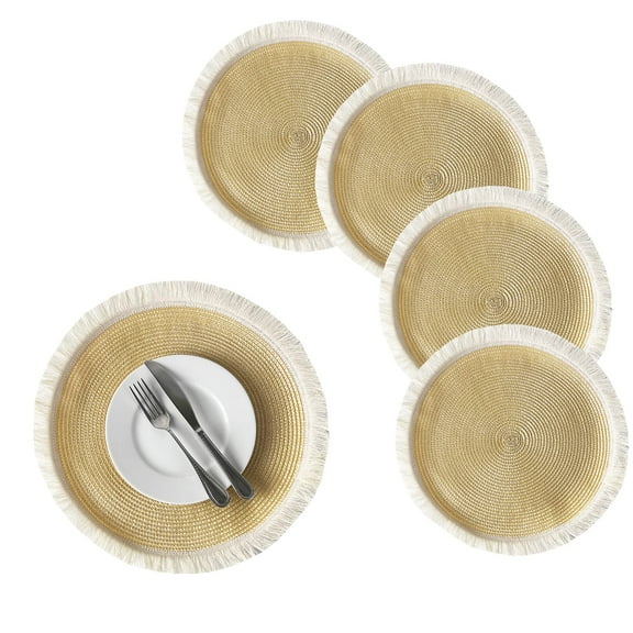 Fennco Styles Hand Braided Fringe Boho Placemats 15 Inch Round, Set of 4 - Beige & White Woven Textured Table Mats for Home, Dining Room, Banquets, Family Gathering and Special Occasion