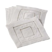 Fennco Styles Hand Hemstitched And Embroidered Swiss Dot Coasters Cocktail Napkins Ecru 6" Square. Set of 4