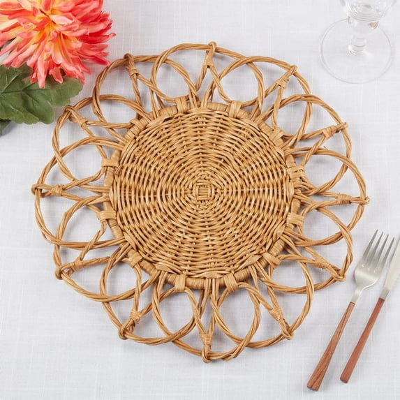 Fennco Styles Hand Twisted Rattan Placemat 15" Round, 1- Piece - Caramel Boho Flower Table Mat Heat Resistant Insulation for Home, Boho Décor, Dining Table, Banquets, Special Events