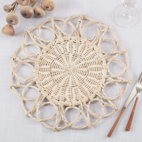 Fennco Styles Hand Twisted Rattan Placemat 15" Round, 1- Piece - White Boho Flower Table Mat Heat Resistant Insulation for Home, Boho Décor, Dining Table, Banquets, Special Events
