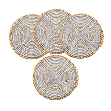 Fennco Styles Hand-Woven Rattan Cotton Rope Placemats 12-Inch Round, Set of 4 - Grey Braided Table Mats Heat Resistant Insulation for Home, Boho Décor, Dining Table, Banquets, Special Events