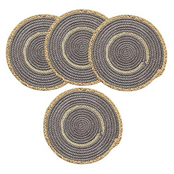 Fennco Styles Hand-Woven Rattan Cotton Rope Placemats 12-Inch Round, Set of 4 - Slate Braided Table Mats Heat Resistant Insulation for Home, Boho Décor, Dining Table, Banquets, Special Events