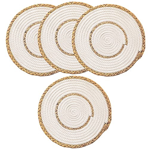 Fennco Styles Hand-Woven Rattan Cotton Rope Placemats 12-Inch Round, Set of 4 - White Braided Table Mats Heat Resistant Insulation for Home, Boho Décor, Dining Table, Banquets, Special Events