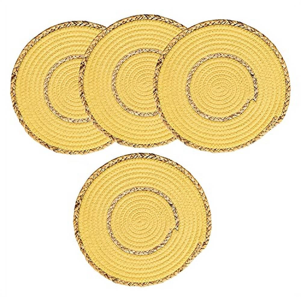 Fennco Styles Hand-Woven Rattan Cotton Rope Placemats 12-Inch Round, Set of 4 - Yellow Braided Table Mats Heat Resistant Insulation for Home, Boho Décor, Dining Table, Banquets, Special Events