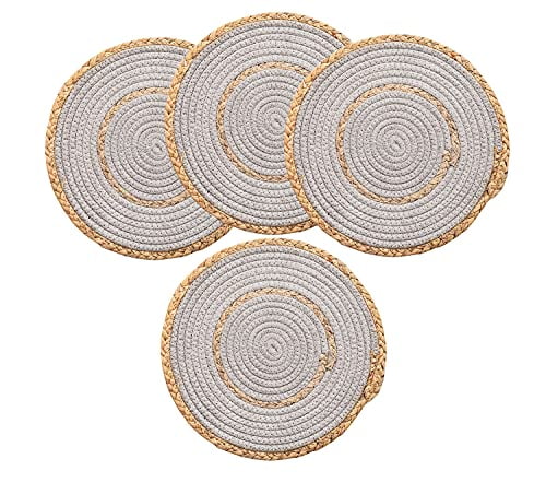 Fennco Styles Hand-Woven Rattan Cotton Rope Placemats 7-Inch Round, Set of 4 - Grey Braided Table Mats Heat Resistant Insulation for Home, Boho Décor, Dining Table, Banquets, Special Events
