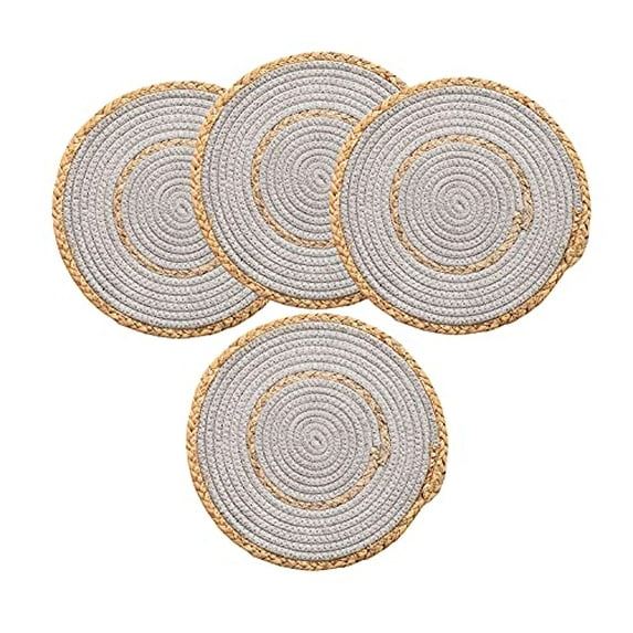 Fennco Styles Hand-Woven Rattan Cotton Rope Placemats 7-Inch Round, Set of 4 - Grey Braided Table Mats Heat Resistant Insulation for Home, Boho Décor, Dining Table, Banquets, Special Events