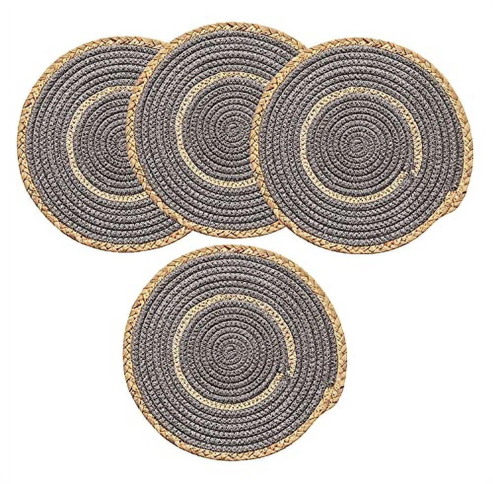 Fennco Styles Hand-Woven Rattan Cotton Rope Placemats 7-Inch Round, Set of 4 - Slate Braided Table Mats Heat Resistant Insulation for Home, Boho Décor, Dining Table, Banquets, Special Events