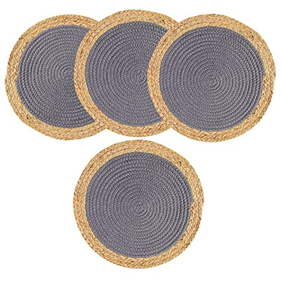 Fennco Styles Hand-Woven Rattan Cotton Rope Placemats 7-Inch Round, Set of 4 - Slate Braided Table Mats Heat Resistant Insulation for Home, Boho Décor, Dining Table, Banquets, Special Events