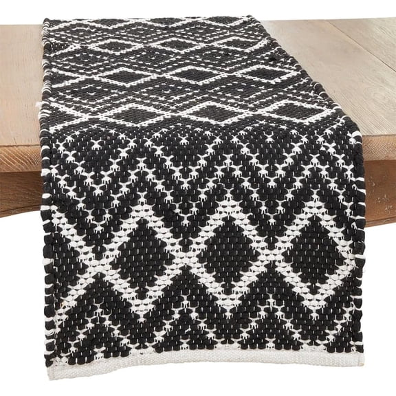 Fennco Styles Handcrafted Diamond Chindi Table Runner 16" W x 72" L - Black Geometric Rectangular Cotton Blend Table Cover for Boho Décor, Dining Table, Banquets, Family Gatherings