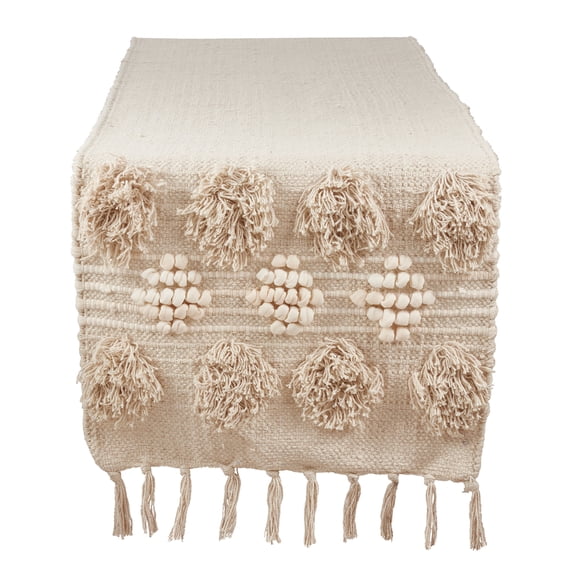 Fennco Styles Handira Collection Contemporary Moroccan Pom Pom 100% Pure Cotton 16 x 72 Inch Table Runner
