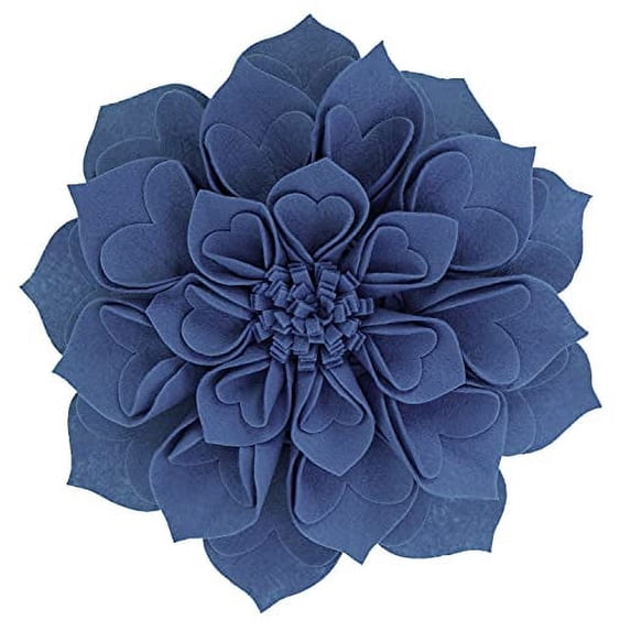 Fennco Styles Handmade 3D Heart-Shaped Petals Flower Decorative Round Throw Pillow Cover 13 Inch Round - Navy Blue Floral Pillow Case for Couch, Home, Bedroom Décor and Holiday, Housewarming Gift