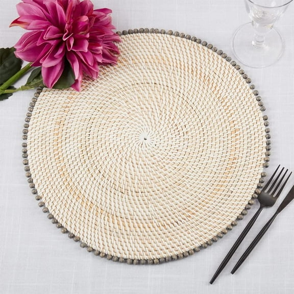 Fennco Styles Handmade Beaded Border Rattan Placemat 15" Round, 1- Piece - Grey Wood Beads Table Mat for Home Décor, Family Gathering, Banquets, Everyday Use and Special Occasion