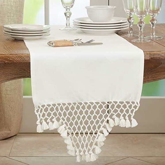 Fennco Styles Handmade Braided Tassels Cotton Table Runner 16"W x 72"L - White Table Cover for Home, Dining Table, Banquet, Wedding and Special Occasion
