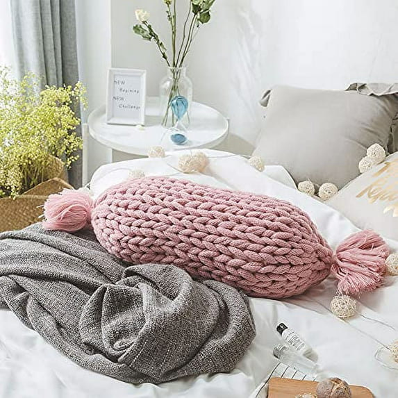 Fennco Styles Handmade Candy Shaped Chunky Cable Knitted Decorative Cotton Throw Pillow 12" W x 24" L – Rose Oblong Cushion for Home, Couch, Sofa, Bedroom, Office Décor and Special Occasion