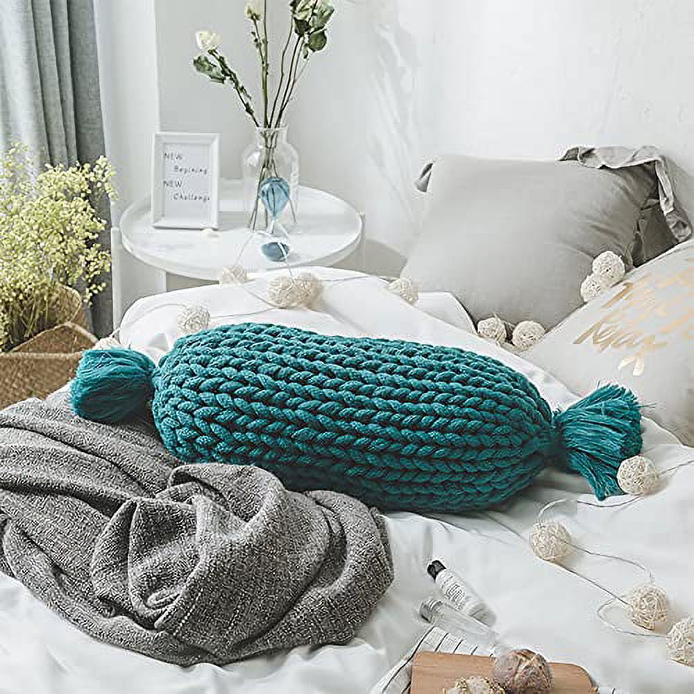 Fennco Styles Candy Shaped Chunky Cable Knitted Decorative Cotton Throw Pillow 12 W x 24 L – Oblong Cushion Teal