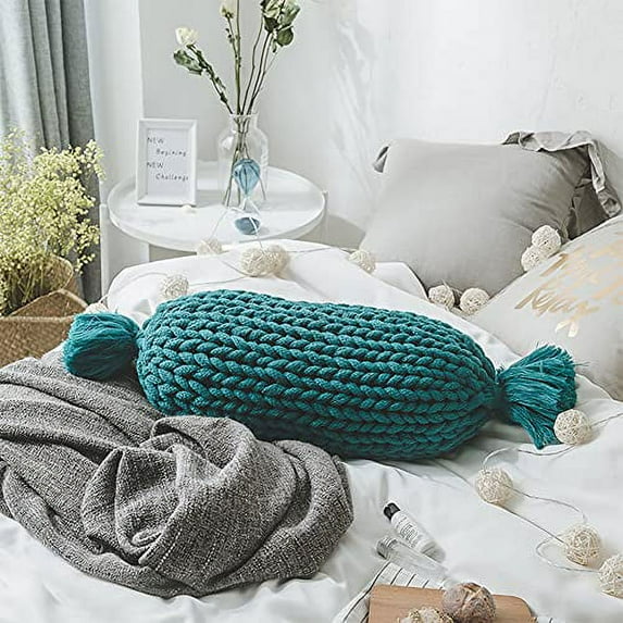 Fennco Styles Handmade Candy Shaped Chunky Cable Knitted Decorative Cotton Throw Pillow 12"W x 24"L – Teal Oblong Cushion for Home, Couch, Sofa, Bedroom, Office Décor and Special Occasion