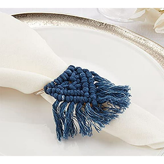 Fennco Styles Handmade Cotton Braided Tassel Napkin Rings, Set of 4 - Navy Blue Rustic Napkin Holders for Home, Dining Table, Banquets, Farmhouse Décor, Holidays and Special Events