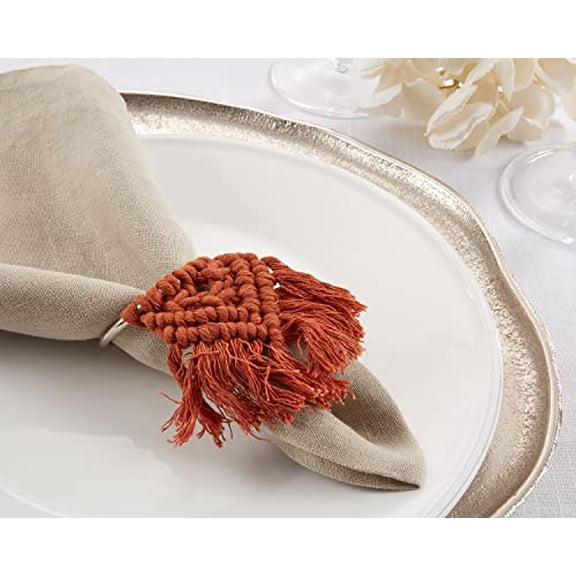 Fennco Styles Handmade Cotton Braided Tassel Napkin Rings, Set of 4 - Rust Rustic Napkin Holders for Home, Dining Table, Banquets, Farmhouse Décor, Holidays and Special Events