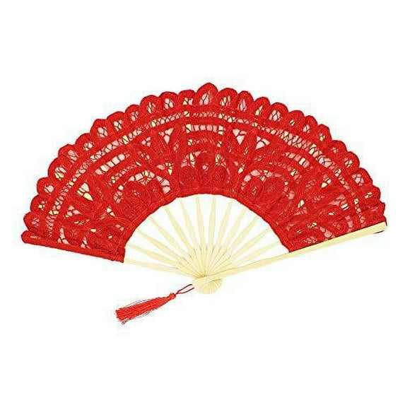 Fennco Styles Handmade Crochet Cotton Lace with Tassels Wedding Bridal Decoration Hand Folding Fan