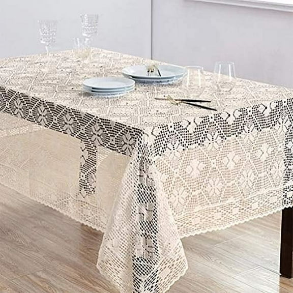 Fennco Styles Handmade Crochet Diamond Pattern Tablecloth 65" W x 120" L - Ecru Table Cover for Home, Dining Table, Banquet, Holiday and Special Occasion