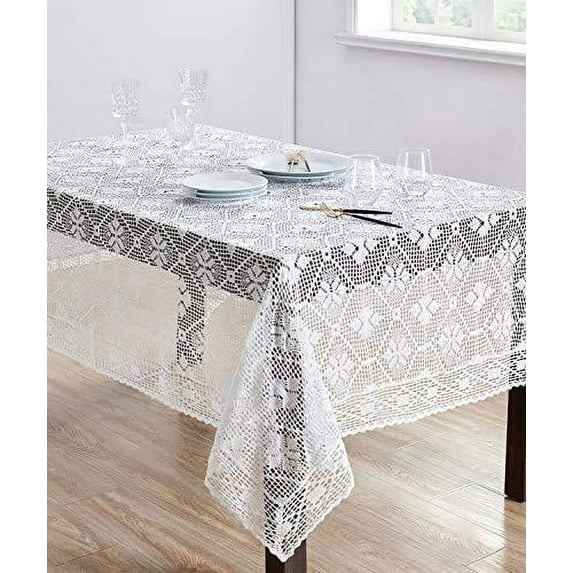 Fennco Styles Handmade Crochet Diamond Pattern Tablecloth 65" W x 120" L - White Table Cover for Home, Dining Table, Banquet, Holiday and Special Occasion