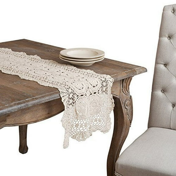 Fennco Styles Handmade Crochet Lace Cotton Rectangular Table Runner (16"X36", Beige)