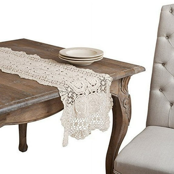 Fennco Styles Handmade Crochet Lace Cotton Rectangular Table Runner (16"X36", Beige)