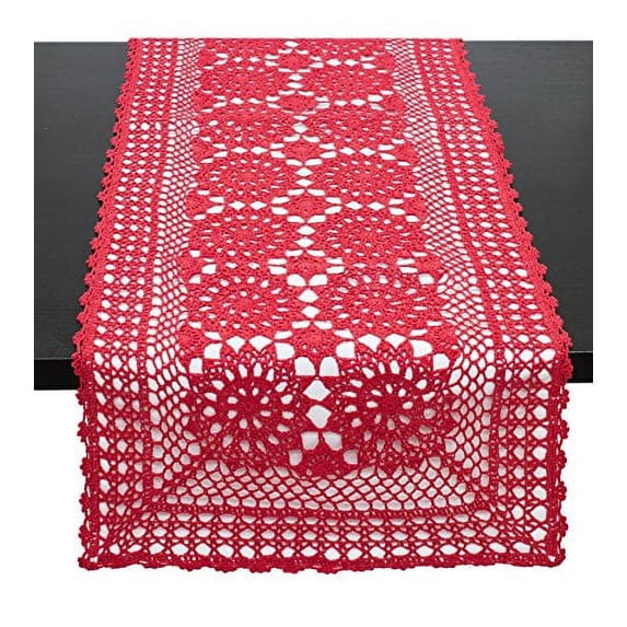 Fennco Styles Handmade Crochet Lace Cotton Rectangular Table Runner (16"x36", Red)