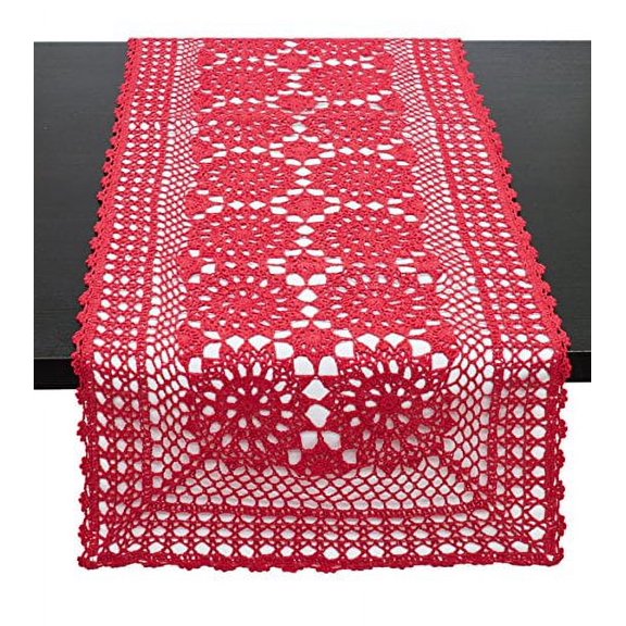 Fennco Styles Handmade Crochet Lace Cotton Rectangular Table Runner (16"x36", Red)