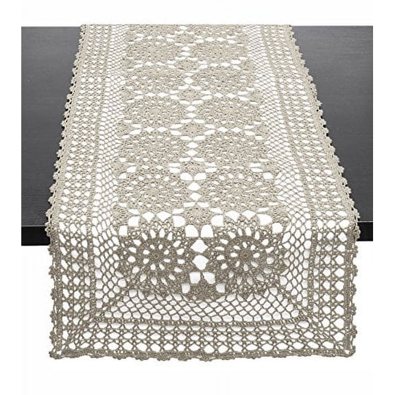 Fennco Styles Handmade Crochet Lace Cotton Rectangular Table Runner (16"x54", Grey)