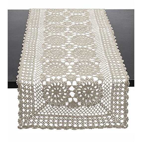 Fennco Styles Handmade Crochet Lace Cotton Rectangular Table Runner (16"x72", Grey)