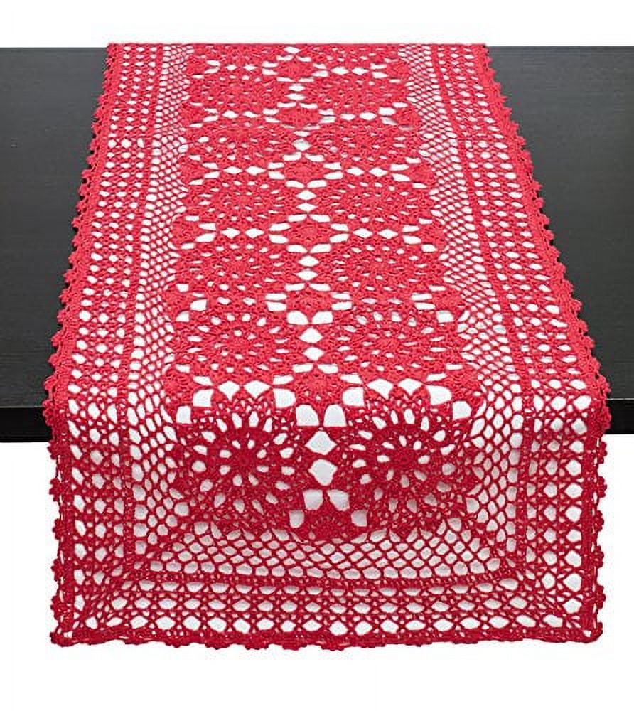 Fennco Styles Handmade Crochet Lace Cotton Rectangular Table Runner (16"x72", Red)