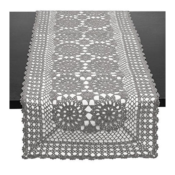 Fennco Styles Handmade Crochet Lace Cotton Rectangular Table Runner (16"x72", Slate)
