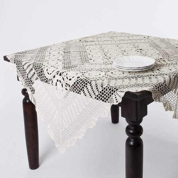 Fennco Styles Handmade Crochet Lace Cotton Tablecloth (36" Square Table Topper, Ecru)
