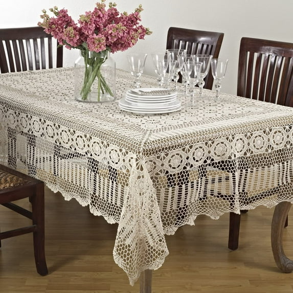 Fennco Styles Handmade Crochet Lace Cotton Tablecloth (72"x144" Tablecloth, Ecru)