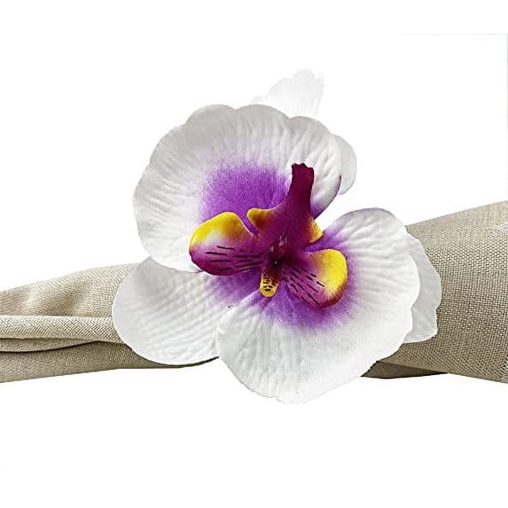 Fennco Styles Handmade Double Moth Orchid Decorative Napkin Rings, Set of 4 - White Flower Napkin Holders for Dining Table, Banquet, Wedding, Holiday Décor and Special Event (White)