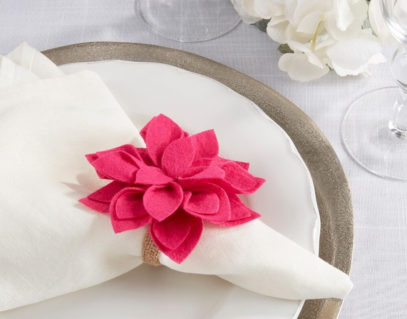 Set of 4 Rose Felt Blossom Napkin Rings with Jute