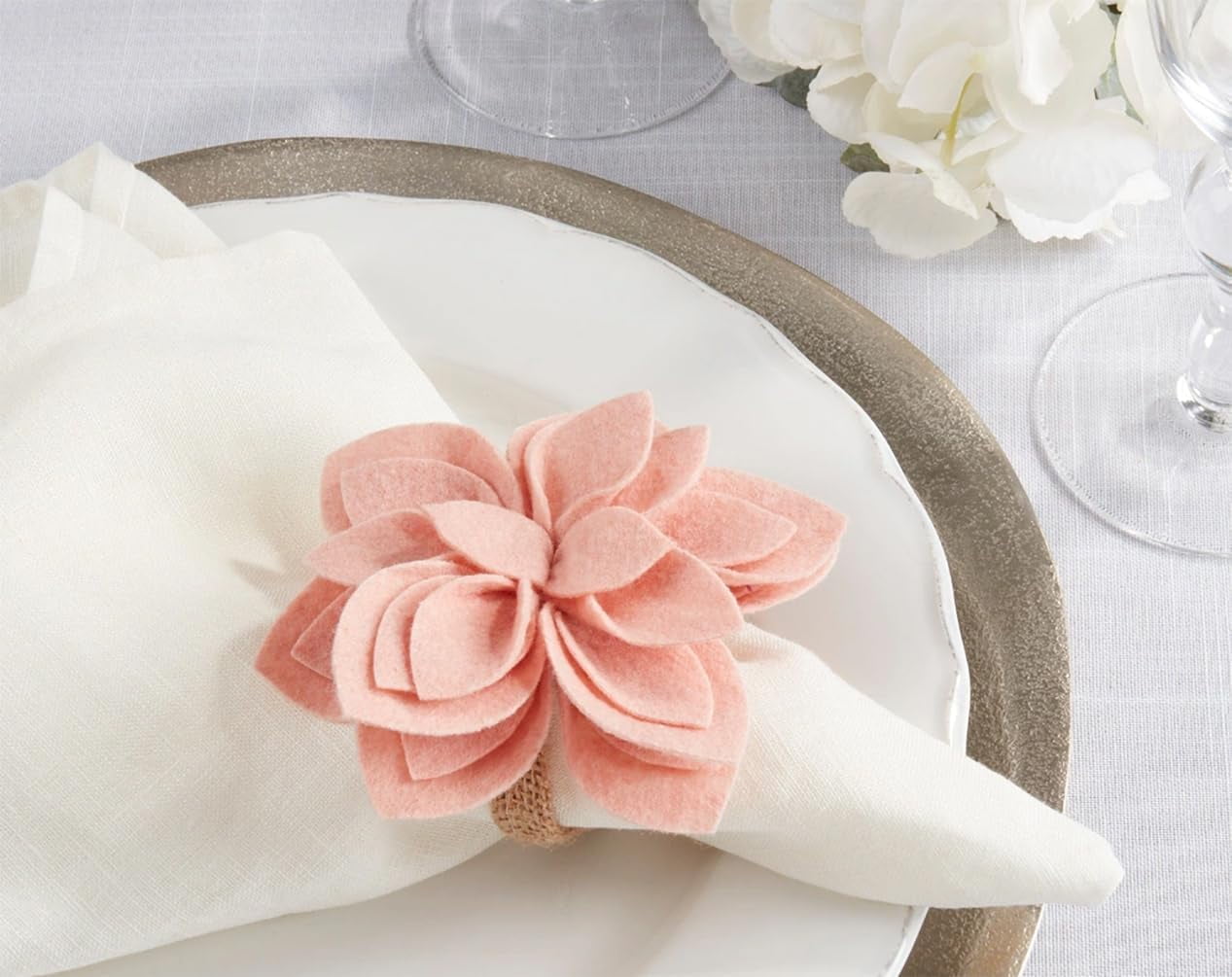 Set of 4 Rose Felt Blossom Napkin Rings with Jute
